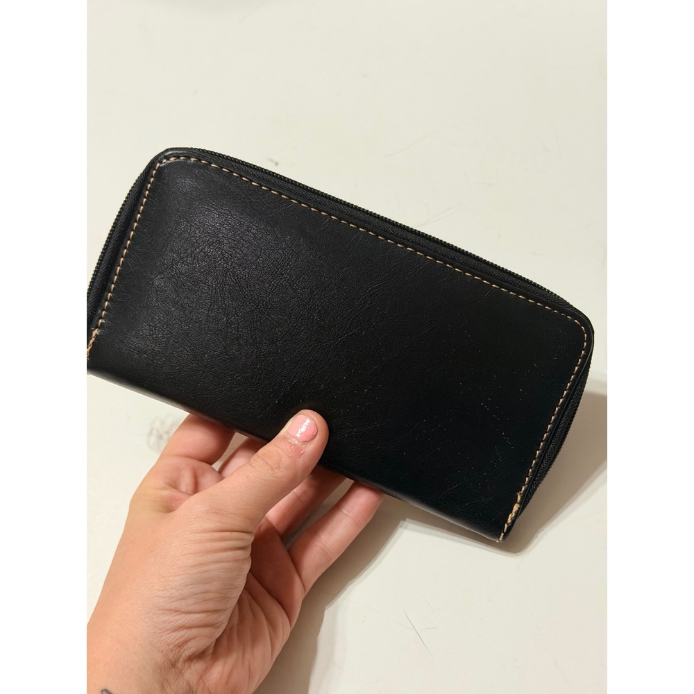 Black Faux Leather Zip Around Wallet with ID Window and Contrast Stitching
